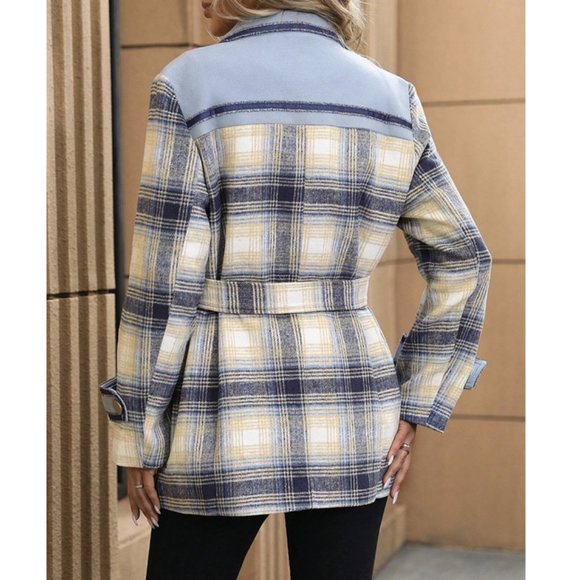 Casual Plaid Double Breasted Contrast Trim Overcoat Blue - Picture 2 of 6